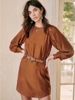 Sezane Erell Silk Long Sleeve Dress in Burnt Oranage Caramel Belted Polka Dot